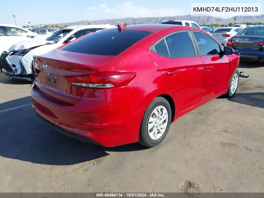 2017 Hyundai Elantra Se VIN: KMHD74LF2HU112013 Lot: 40494114