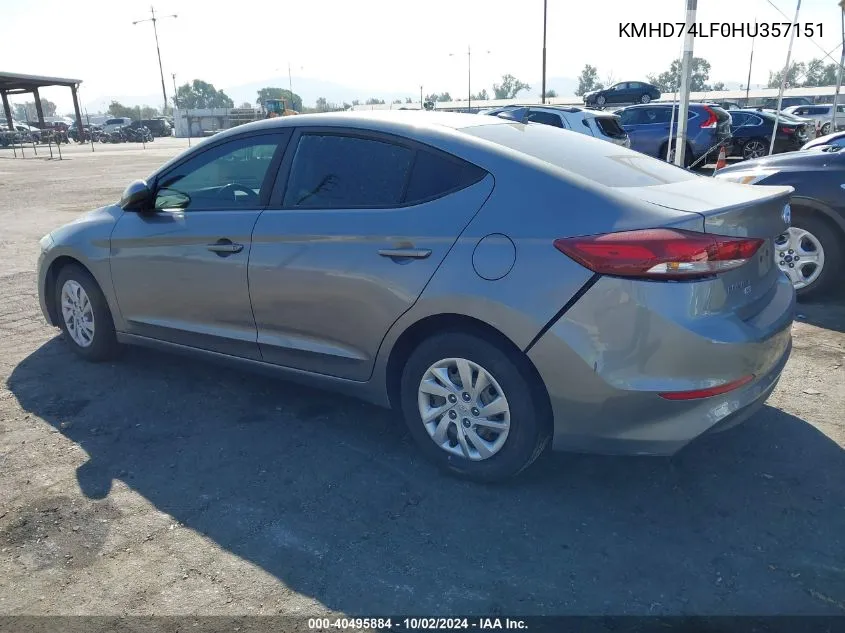 2017 Hyundai Elantra Se VIN: KMHD74LF0HU357151 Lot: 40495884