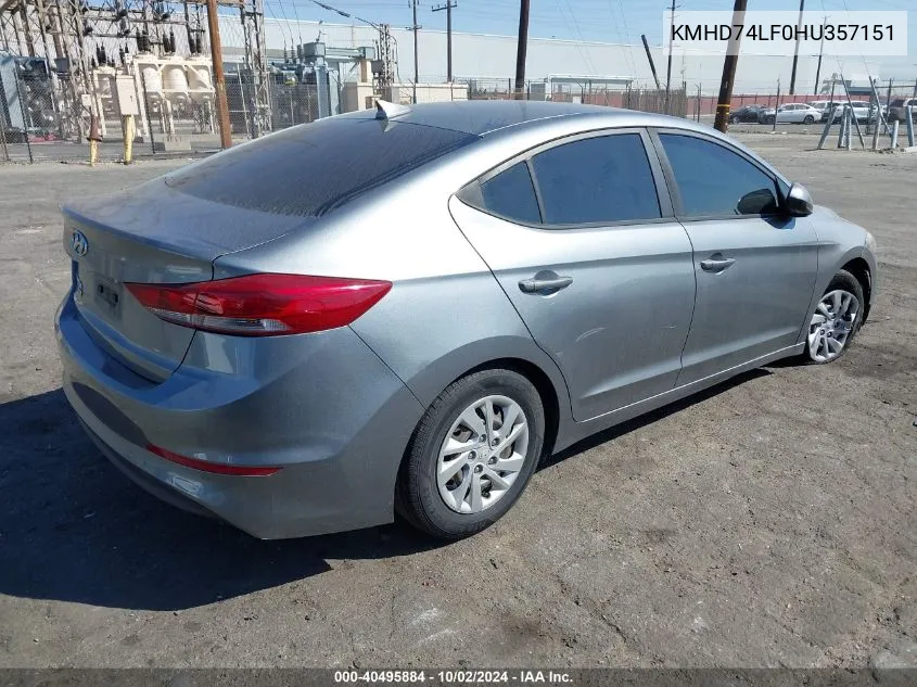 2017 Hyundai Elantra Se VIN: KMHD74LF0HU357151 Lot: 40495884