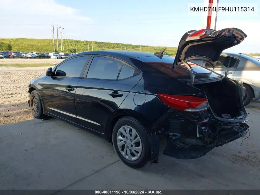 KMHD74LF9HU115314 2017 Hyundai Elantra Se