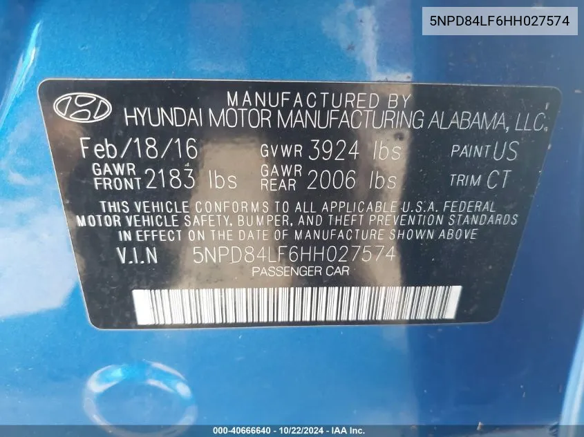 5NPD84LF6HH027574 2017 Hyundai Elantra Limited