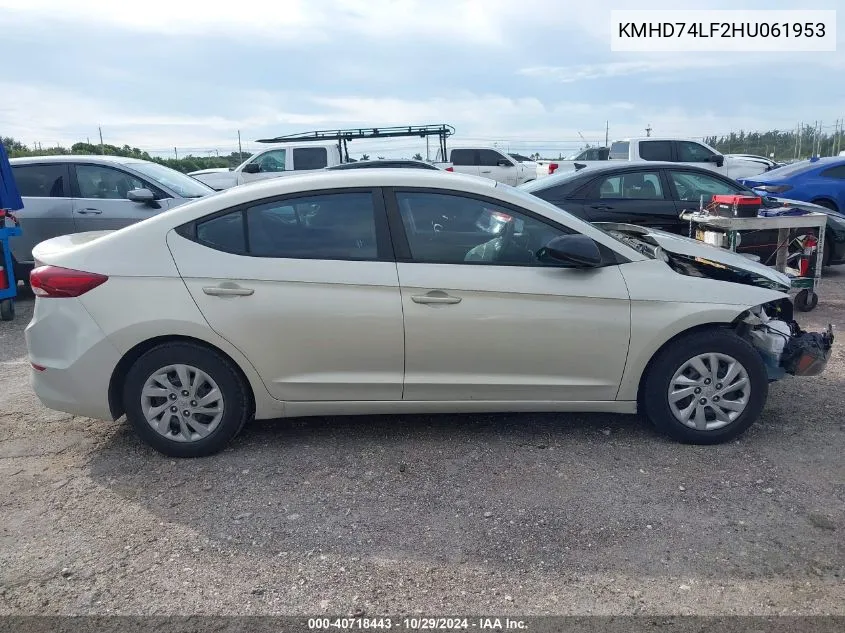 2017 Hyundai Elantra Se VIN: KMHD74LF2HU061953 Lot: 40718443