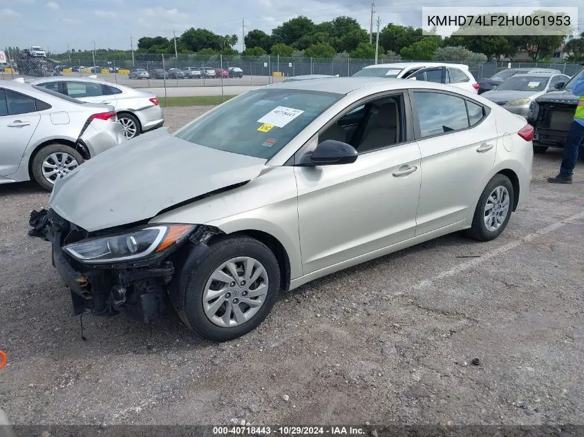 2017 Hyundai Elantra Se VIN: KMHD74LF2HU061953 Lot: 40718443