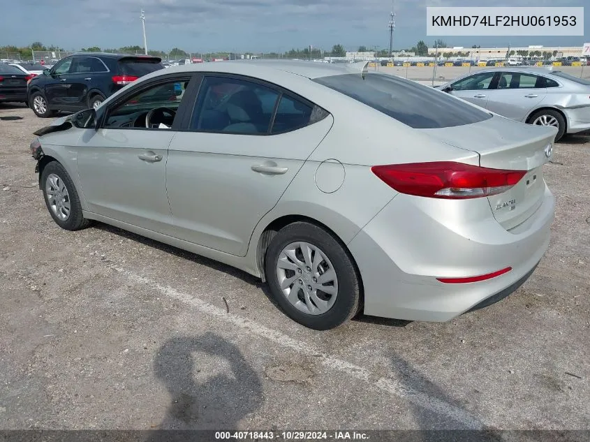 2017 Hyundai Elantra Se VIN: KMHD74LF2HU061953 Lot: 40718443