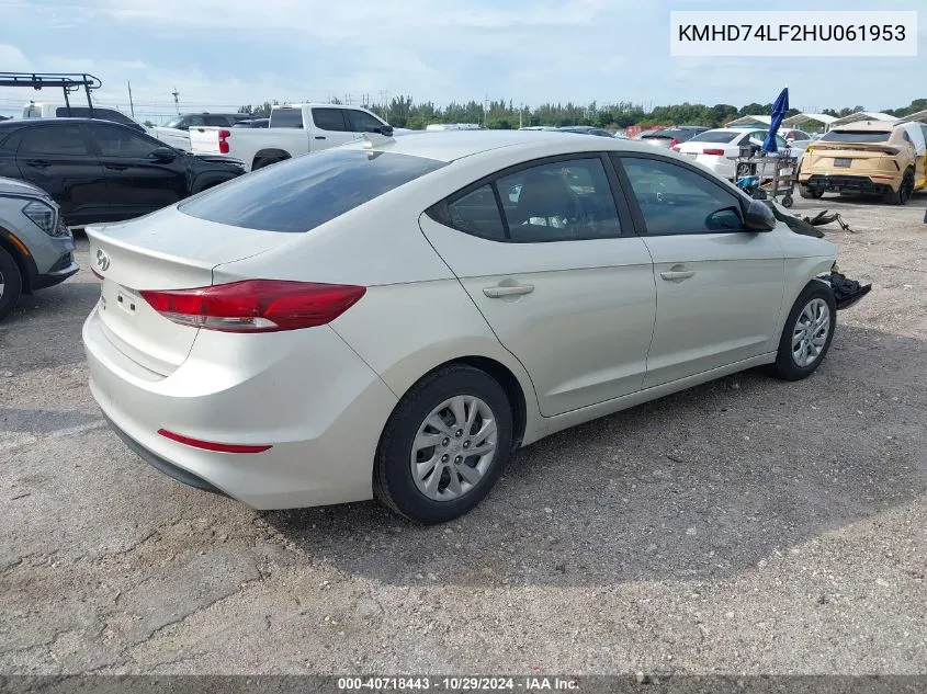 2017 Hyundai Elantra Se VIN: KMHD74LF2HU061953 Lot: 40718443