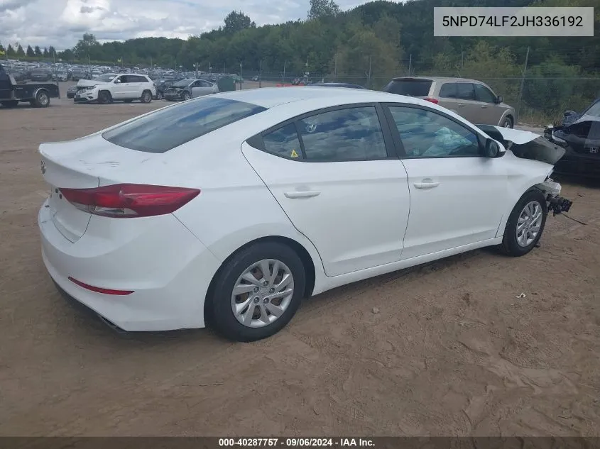 5NPD74LF2JH336192 2018 Hyundai Elantra Se