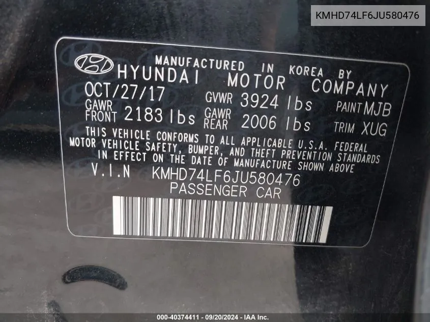 KMHD74LF6JU580476 2018 Hyundai Elantra Se