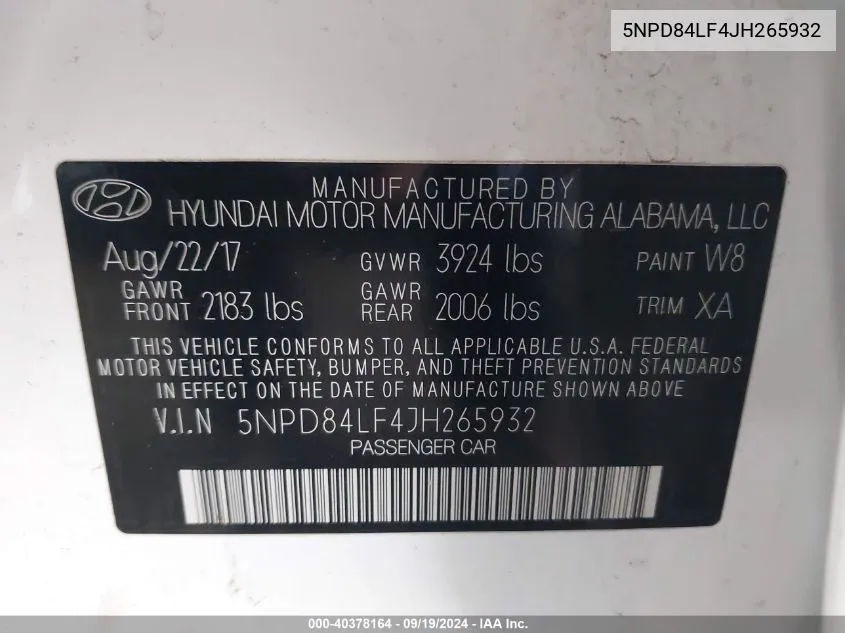 5NPD84LF4JH265932 2018 Hyundai Elantra Value Edition