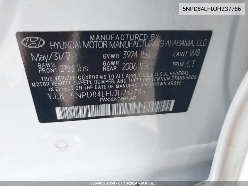 5NPD84LF0JH237786 2018 Hyundai Elantra Sel