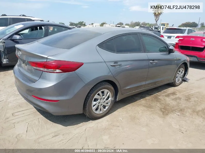 2018 Hyundai Elantra Se VIN: KMHD74LF2JU478298 Lot: 40394503