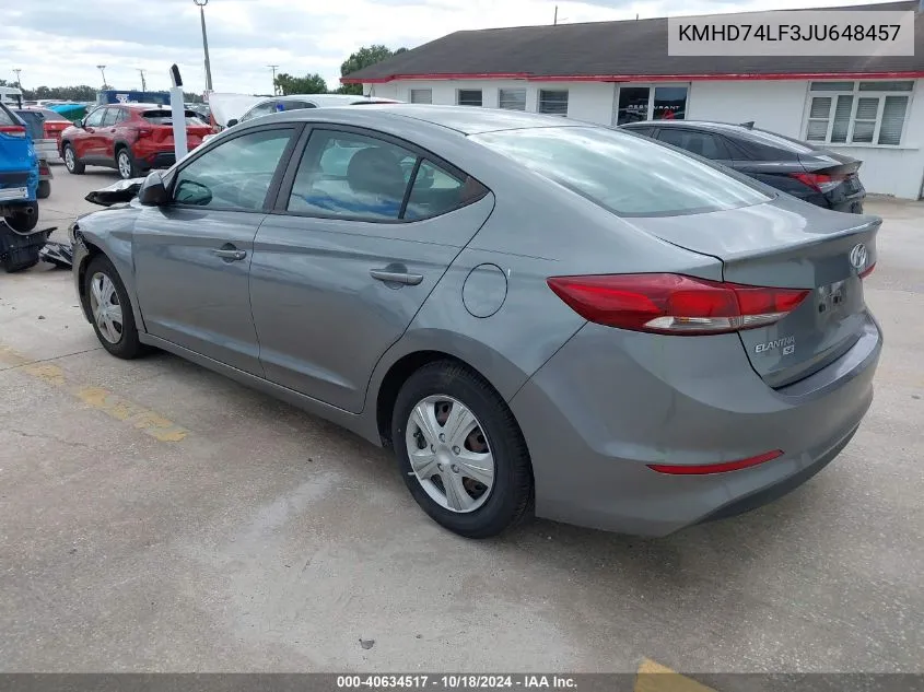 KMHD74LF3JU648457 2018 Hyundai Elantra Se