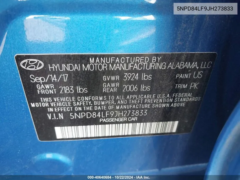 5NPD84LF9JH273833 2018 Hyundai Elantra Sel