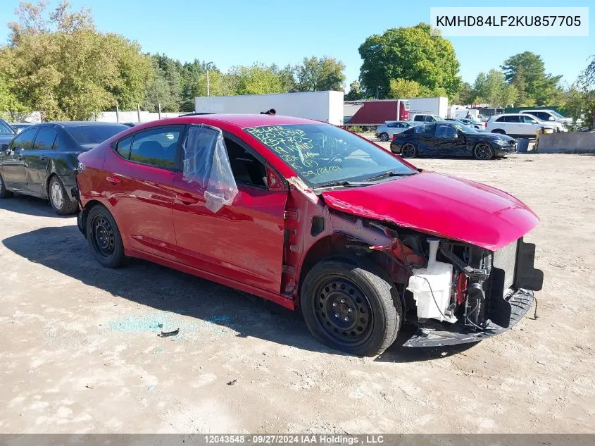 2019 Hyundai Elantra VIN: KMHD84LF2KU857705 Lot: 12043548