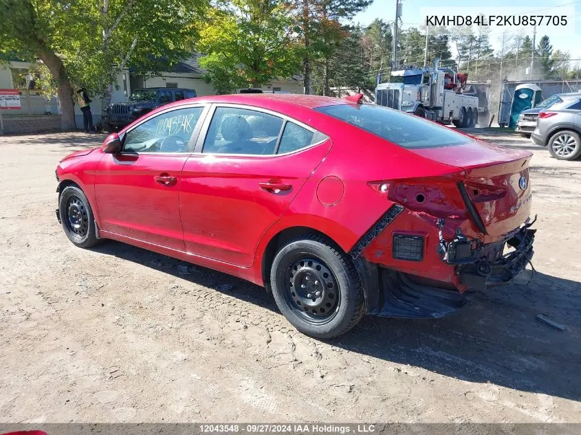 2019 Hyundai Elantra VIN: KMHD84LF2KU857705 Lot: 12043548