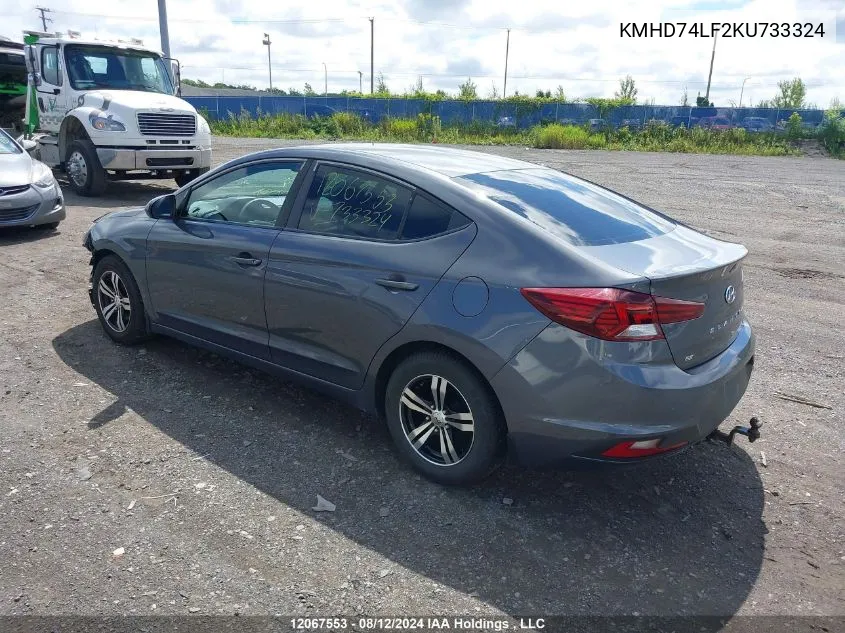 2019 Hyundai Elantra VIN: KMHD74LF2KU733324 Lot: 12067553