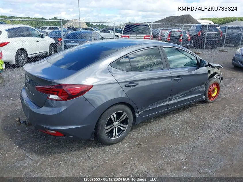 2019 Hyundai Elantra VIN: KMHD74LF2KU733324 Lot: 12067553