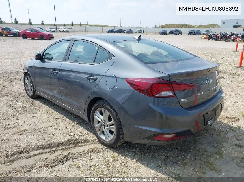 2019 Hyundai Elantra Sel/Value/Limited VIN: KMHD84LF0KU805392 Lot: 12070491