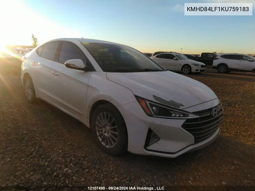 2019 Hyundai Elantra Sel/Value/Limited VIN: KMHD84LF1KU759183 Lot: 12107495