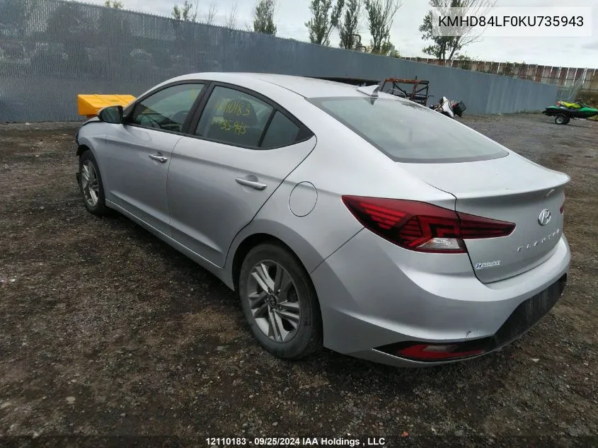 2019 Hyundai Elantra Sel/Value/Limited VIN: KMHD84LF0KU735943 Lot: 12110183