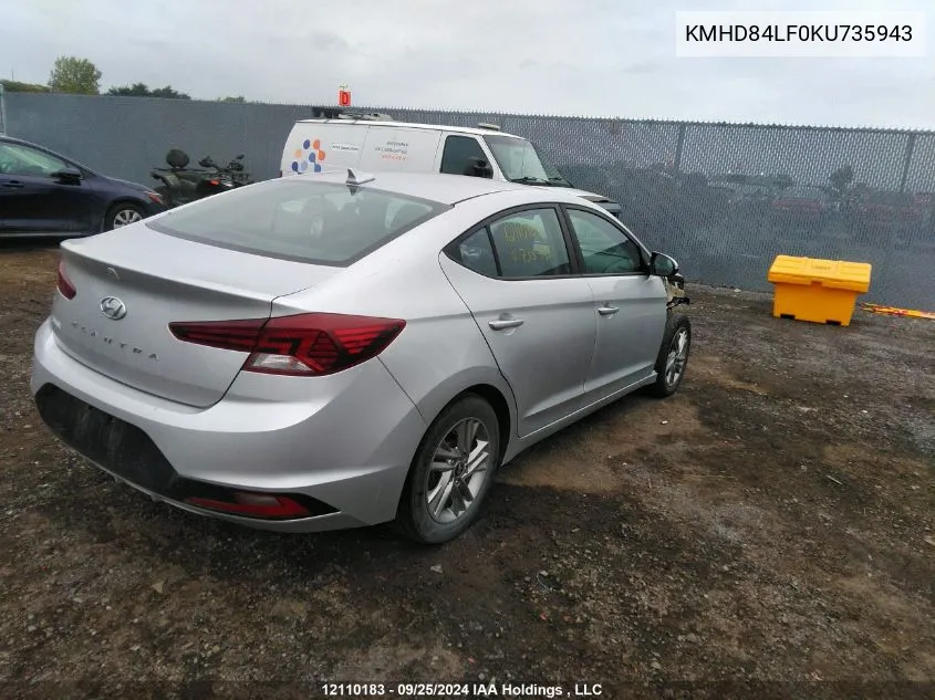 2019 Hyundai Elantra Sel/Value/Limited VIN: KMHD84LF0KU735943 Lot: 12110183