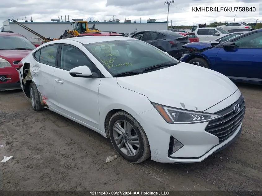 2019 Hyundai Elantra Preferred VIN: KMHD84LF6KU758840 Lot: 12111240