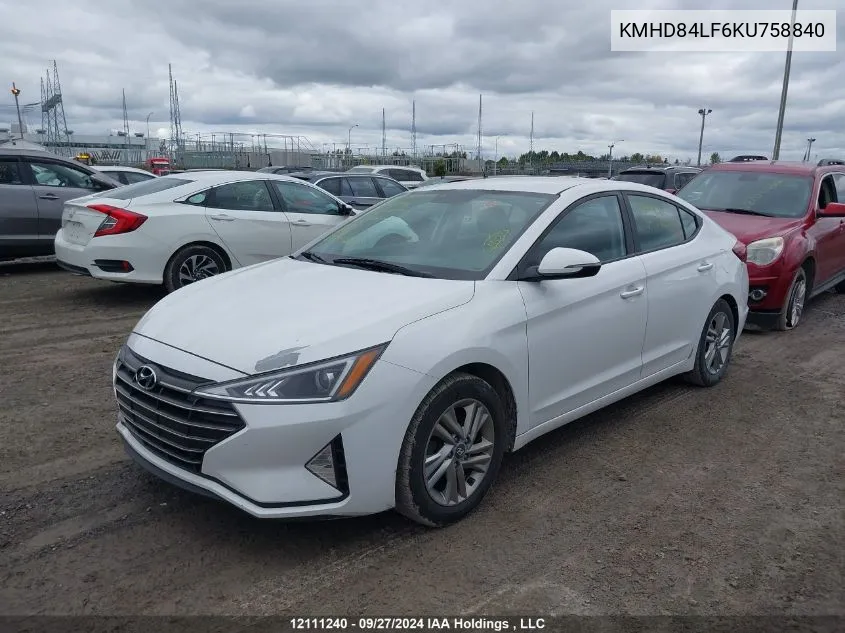 2019 Hyundai Elantra Preferred VIN: KMHD84LF6KU758840 Lot: 12111240