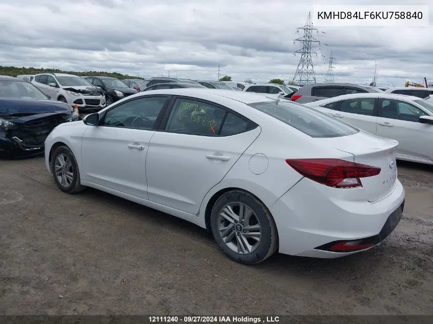 2019 Hyundai Elantra Preferred VIN: KMHD84LF6KU758840 Lot: 12111240