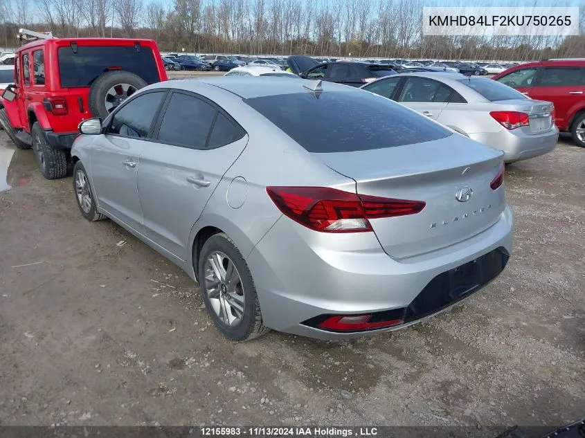 2019 Hyundai Elantra Sel/Value/Limited VIN: KMHD84LF2KU750265 Lot: 12155983