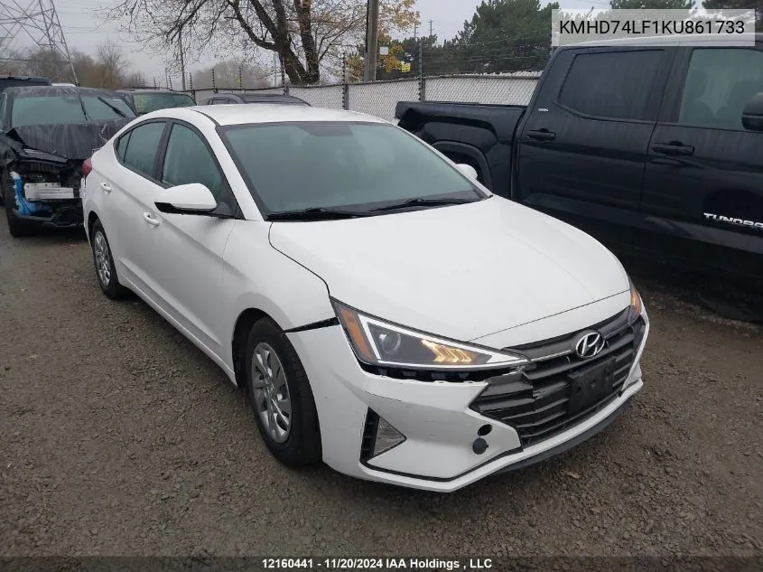 2019 Hyundai Elantra Se VIN: KMHD74LF1KU861733 Lot: 12160441