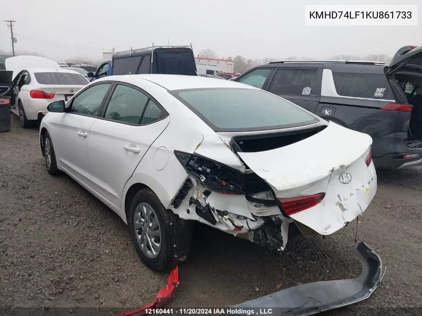 2019 Hyundai Elantra Se VIN: KMHD74LF1KU861733 Lot: 12160441