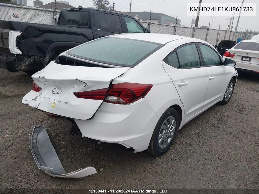 2019 Hyundai Elantra Se VIN: KMHD74LF1KU861733 Lot: 12160441