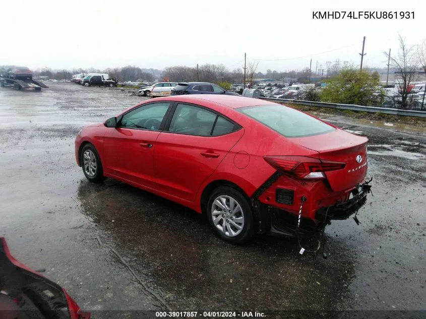 2019 Hyundai Elantra Se VIN: KMHD74LF5KU861931 Lot: 39017857