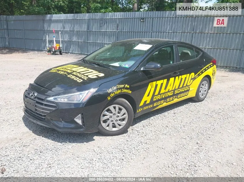 2019 Hyundai Elantra Se VIN: KMHD74LF4KU851388 Lot: 39539402