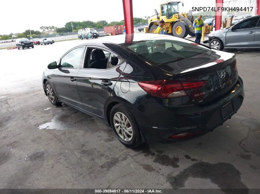 2019 Hyundai Elantra Se VIN: 5NPD74LF9KH494417 Lot: 39594817