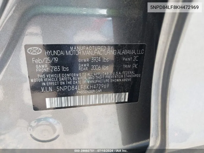 5NPD84LF8KH472969 2019 Hyundai Elantra Sel