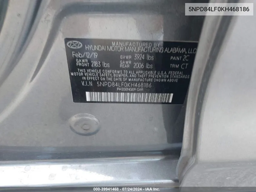 5NPD84LF0KH468186 2019 Hyundai Elantra Sel