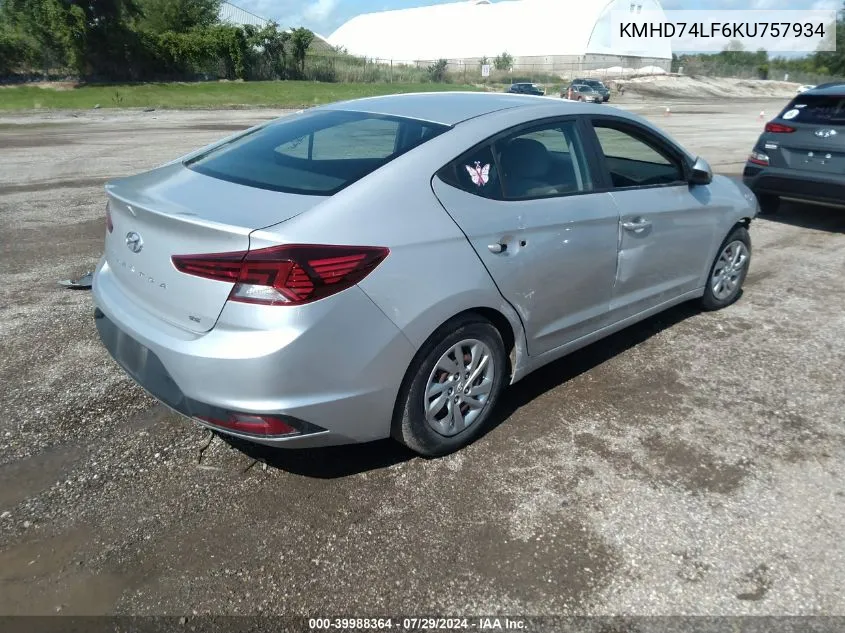 2019 Hyundai Elantra Se VIN: KMHD74LF6KU757934 Lot: 39988364