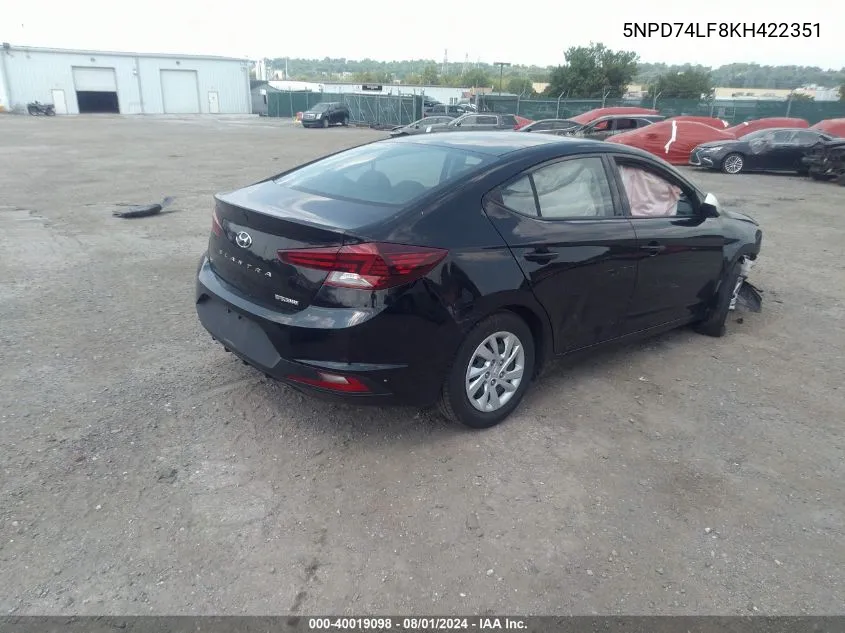 2019 Hyundai Elantra Se VIN: 5NPD74LF8KH422351 Lot: 40019098