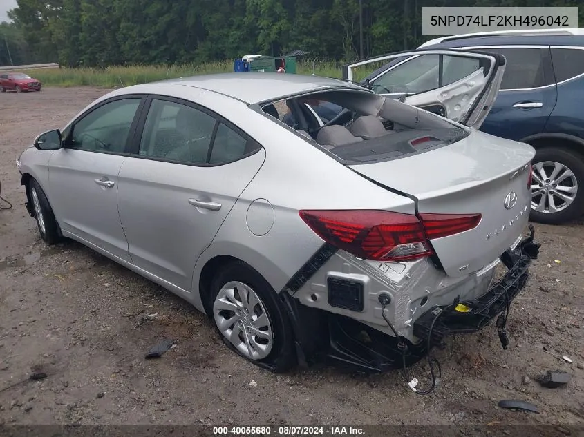 2019 Hyundai Elantra Se VIN: 5NPD74LF2KH496042 Lot: 40055680