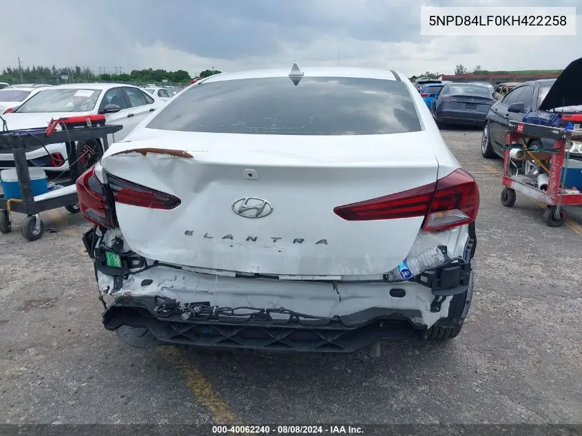 2019 Hyundai Elantra Sel VIN: 5NPD84LF0KH422258 Lot: 40062240