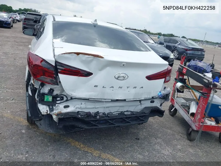 2019 Hyundai Elantra Sel VIN: 5NPD84LF0KH422258 Lot: 40062240