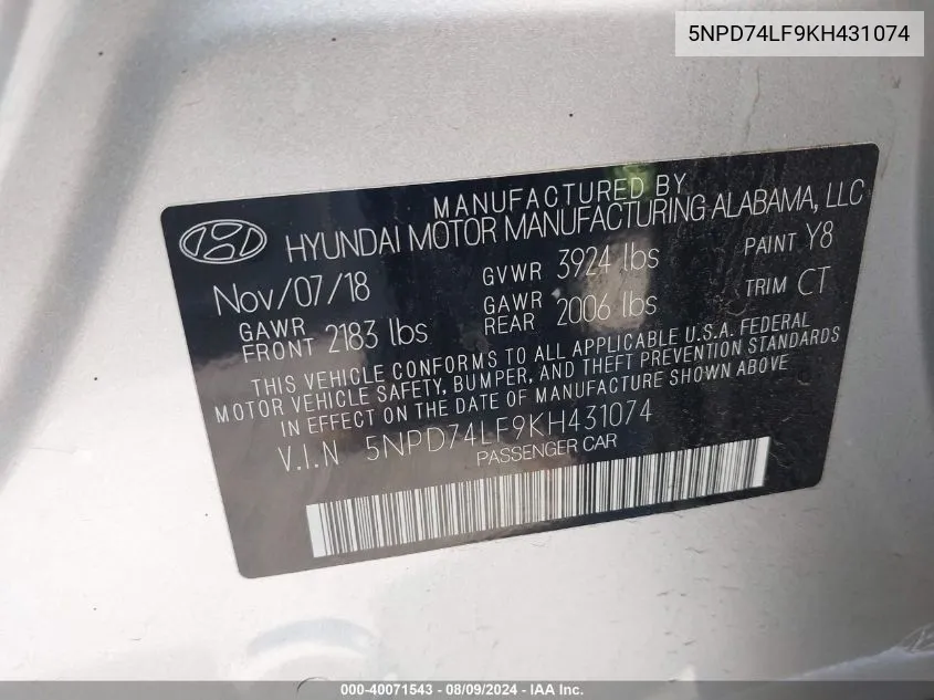 5NPD74LF9KH431074 2019 Hyundai Elantra Se