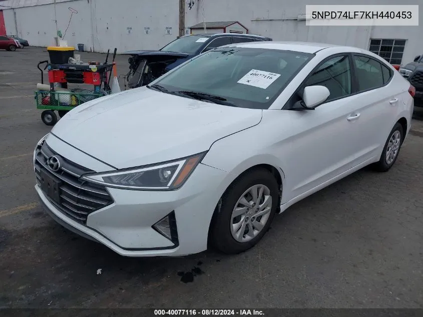 2019 Hyundai Elantra Se VIN: 5NPD74LF7KH440453 Lot: 40077116