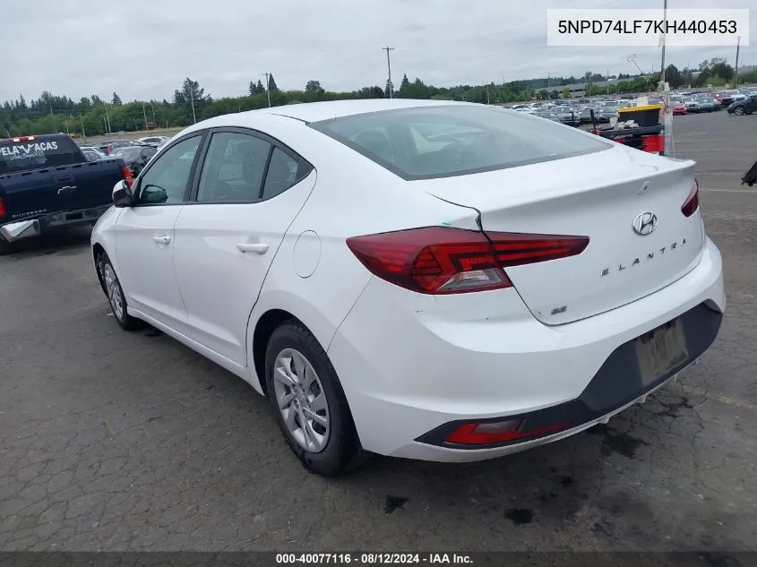 2019 Hyundai Elantra Se VIN: 5NPD74LF7KH440453 Lot: 40077116