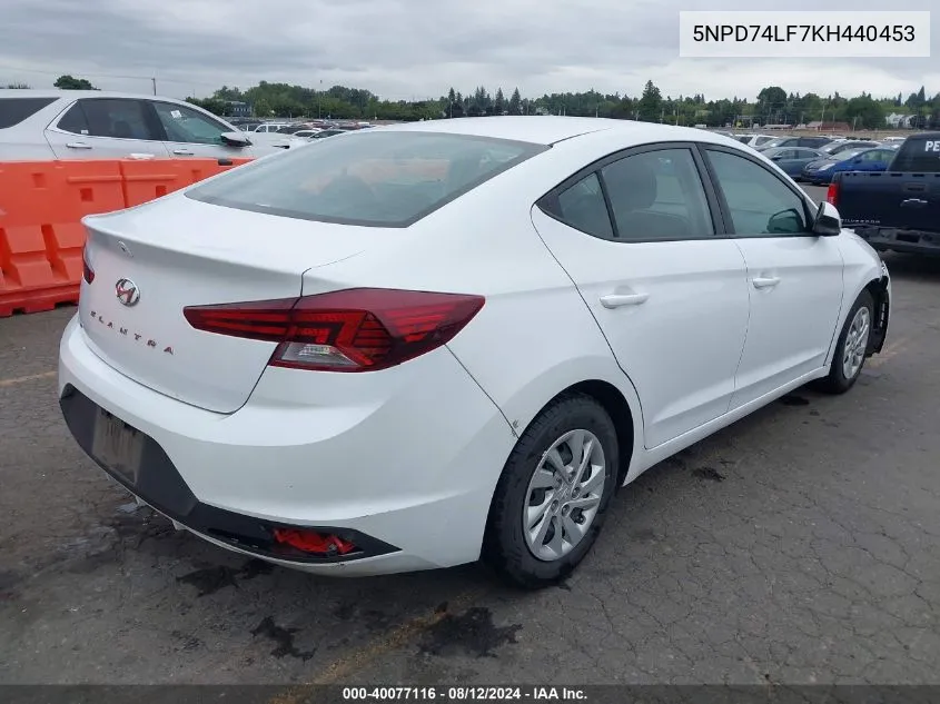 2019 Hyundai Elantra Se VIN: 5NPD74LF7KH440453 Lot: 40077116