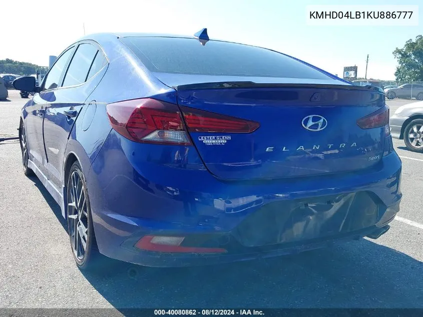 2019 Hyundai Elantra Sport VIN: KMHD04LB1KU886777 Lot: 40080862