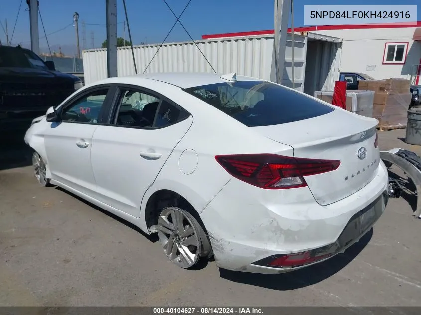 2019 Hyundai Elantra Sel VIN: 5NPD84LF0KH424916 Lot: 40104627