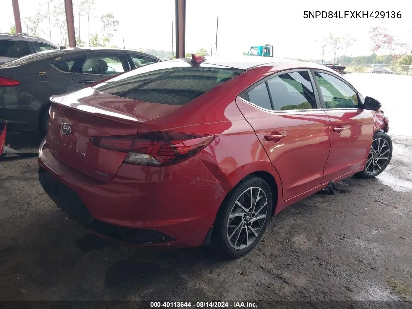 2019 Hyundai Elantra Limited VIN: 5NPD84LFXKH429136 Lot: 40113644