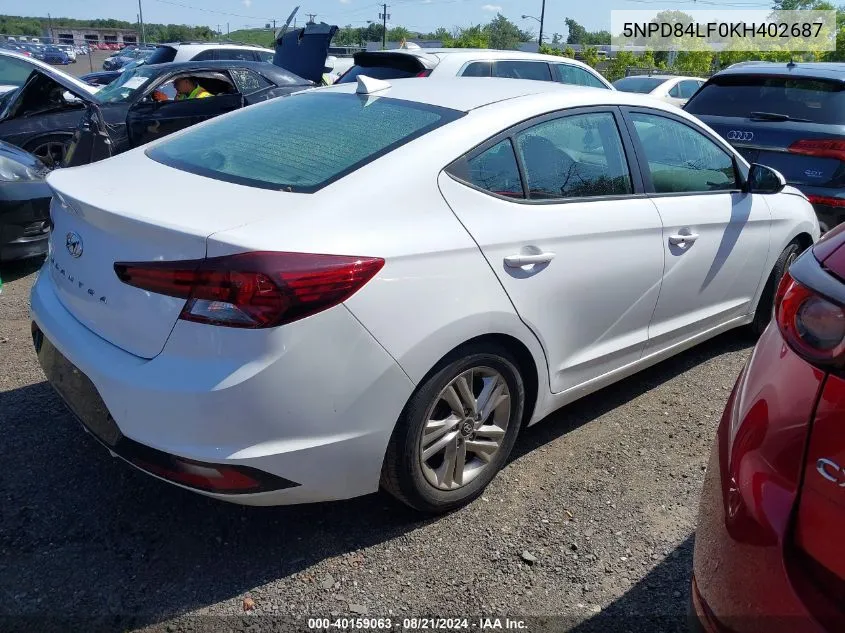 2019 Hyundai Elantra Sel/Value/Limited VIN: 5NPD84LF0KH402687 Lot: 40159063