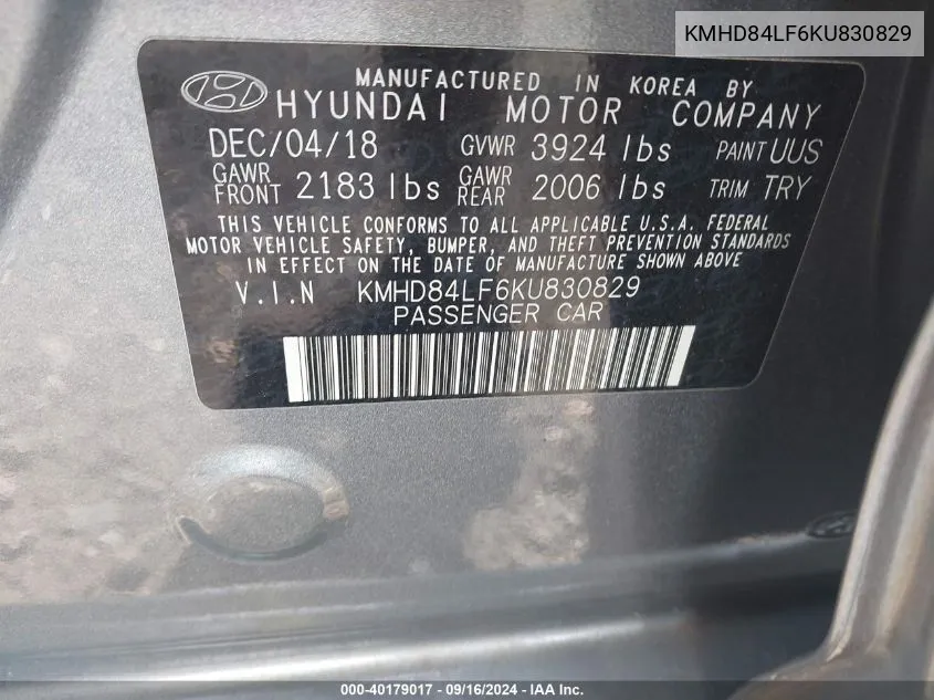 KMHD84LF6KU830829 2019 Hyundai Elantra Value Edition